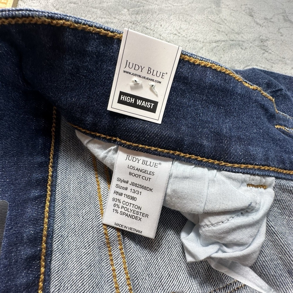 Judy Blue Boot Cut Jeans 13/31 Blue Distressed Mid Rise Frayed Hem Double Button - Picture 7 of 12